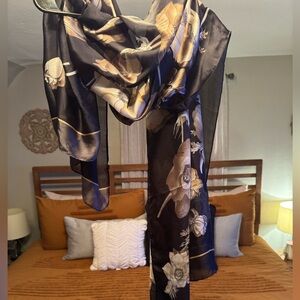 XL Black Sheer Floral Scarf with Gold and Cream Blooms